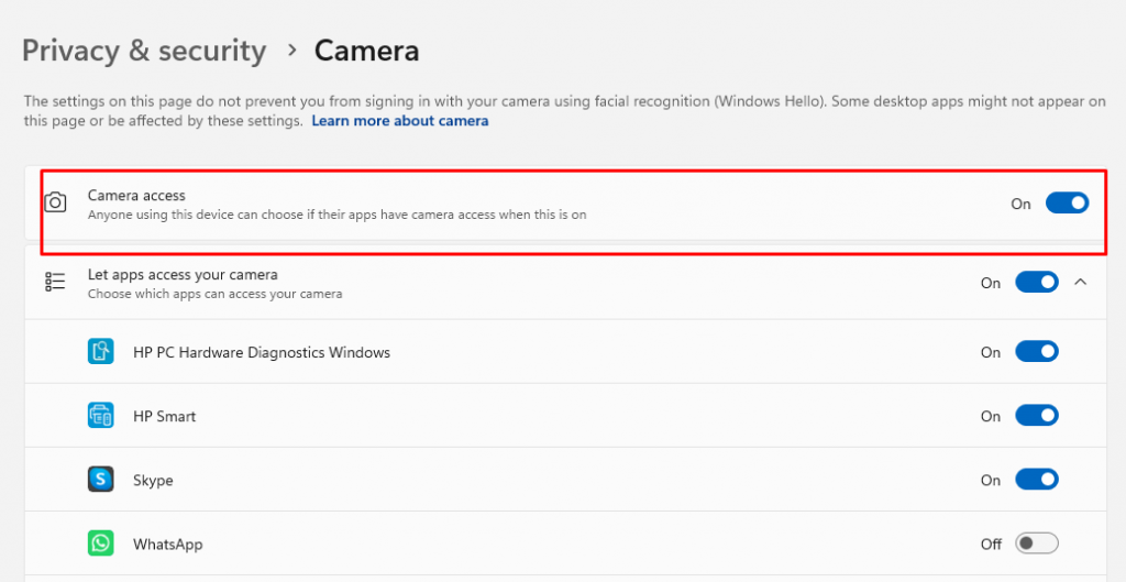 Camera switched on: webcam not detected by Windows